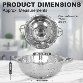 Stainless Steel Colander 24cm (9") - Freestanding with Dimpled Base, Twin Round Handles, Vegetables, Fruits, Kitchen Accessories, Pasta Filter