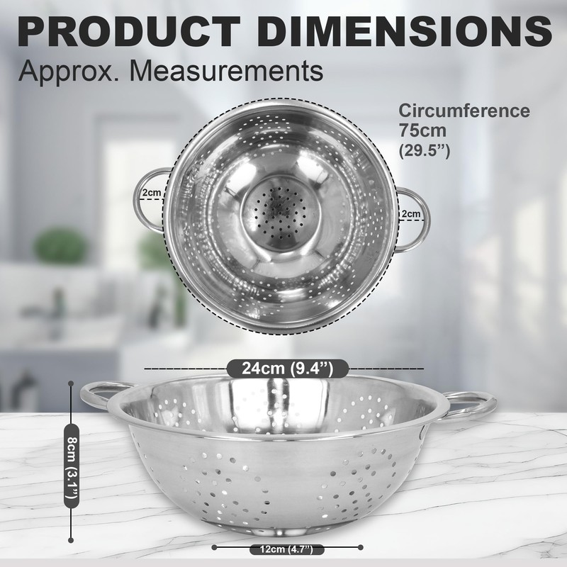 Stainless Steel Colander 24cm (9") - Freestanding with Dimpled Base,