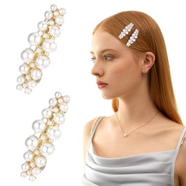MBAIYO 2Pcs Pearl Hair Clips, Elegant Pearl Barrettes with Pins French Hair Jewelry Hairpins Elegant Barrettes Wedding Brides Clips Accessories for Women Party Daily Use