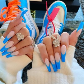 Zoestar Coffin Press on Nails Blue Ballerina False Nails Extra Long Acrylic Shiny Fake Nails French Gradient Full Cover Stick on Nails for Women and Girls (Pack of 24)