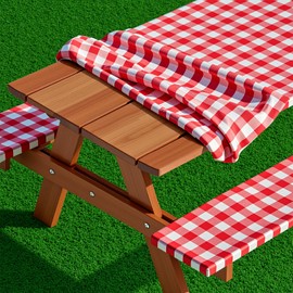 Bouiexye 3 Pcs Set Polyester Picnic Table Cover with Bench Covers, Elastic Outdoor Camping Tablecloth with Bag Backing Picnic Table Cloth Fits for Table 30"x 72" Rectangle(Red White Plaid)