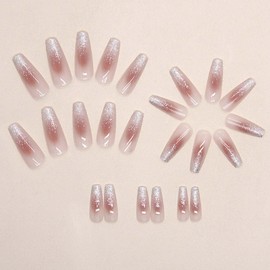POKENGDA Acrylic Fake Nails Long Design,Pink 3D Press on Nails,Reusable Acrylic Blush Daily Coffin False Nail Kits for Women
