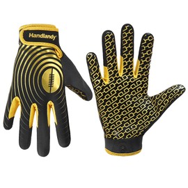 HANDLANDY Youth Football Gloves, Sticky Wide Receiver Gloves for Kids & Adult, Black and Gold Stretch Fit Football Gloves