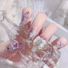 Hkanlre 3D Press on Nails Medium Fake Coffin Nails Tips Full Cover Luxury False Nails for Women and Girls 24PCS