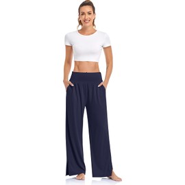 UEU Womens Wide Leg Yoga Pants High Waisted Side Slit Joggers Casual Loose Lounge Sweatpants with Pockets- 28" Inseam (Navy, L)
