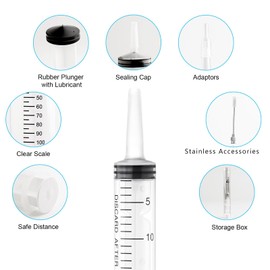 Pack of 3 Syringes 60 ml, Large Plastic Syringe 60 ml Reusable with Stainless Steel Accessories, Plastic Syringe for Plant Watering, Animal Feeding, Laboratories, Scientific (60 ml, 3 Pieces)