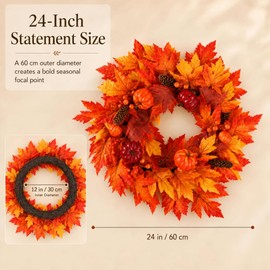 24" Artificial Halloween & Thanksgiving Wreath with Pumpkins & Maple Leaves