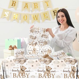 We Can Bearly Wait Plates and Napkins Set, Bear Baby Shower Decoration Brown Bear Tableware Tablecloth for Boy Girl Baby Shower Gender Reveal Birthday Supplies