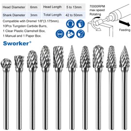 Sworker 10 Pcs Carbide Burr Set 1/8" Shank Compatible with Dremel Milwaukee Bits Rotary Tools Attachment Kit Rasp Drill File Accessories Metal Wood Stone Steel Grinding Carving Cutting Polishing