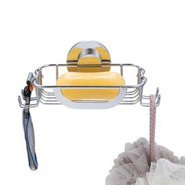 LEVERLOC Bar Soap Holder with 4 Hooks, Wall Mounted Soap Dish Suction Cup for Shower, Stainless Steel, NO-Drilling, Removable, Waterproof for Bathroom Bathtub Sink-Silver