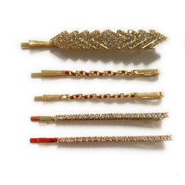 A Set of 5 Girls Full Bling Rhinestone Crystal Bridal Hair Clip Hairpin Slide Grips Clips Gift Set (Gold)