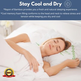 Rayon Derived from Bamboo Pillows Standard Size - [Adjustable] Shredded Memory Foam for Sleeping - Cooling & Breathable Pillowcase with Zipper - Back, Stomach, Side Sleeper (26 x 20 Inch)