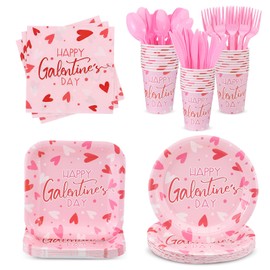 Havawish 168 Pcs Galentines Day Paper Plates Napkins Cups Plastic Knives Forks and Spoons Set Pink Heart Disposable Dinnerware for Women Girls Galentines Party Supplies, Serve 24 Guests