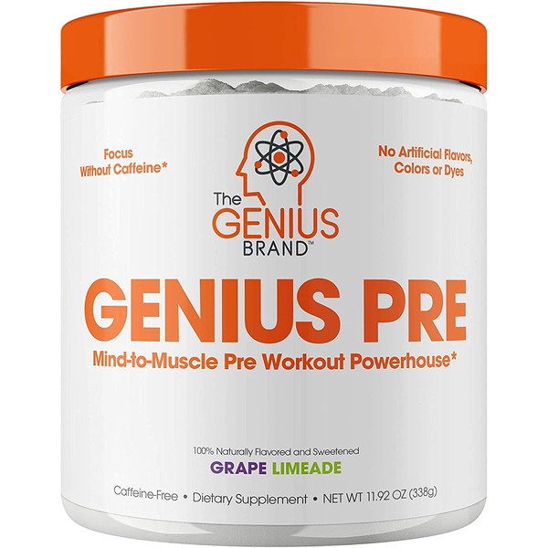 Genius Pre Workout â All Natural Nootropic Preworkout Powder & Caffeine-Free Nitric Oxide Booster with Beta Alanine and Alpha GPC - Focus, Energy and Muscle Building Supplement, Grape Limeade, 338G