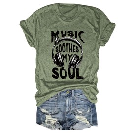 Women's Music Soothes My Soul T-Shirts - Musical Notes Print Tee for Music Lovers (Green,Large)