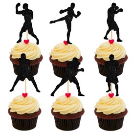Taekwondo Cupcake Topper for Boxing Taekwondo Sport Theme Party Favors Decorations Men Women Kids Happy Birthday Party Decor Supplies set 18pcs Black Glitter Silhouette