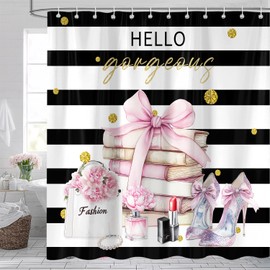 Raoycla Pink and Black Shower Curtain, White Striped Cute Preppy Girly Funky Shower Curtain for Women Bathroom Decor Luxury with 12 Hooks, 72Wx72H