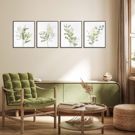 Dazzlewall Set of 4 Botanical Watercolour Flowers Wall Pictures, Sage Green Plants Prints, Minimalist Leaves Canvas Pictures for Bedroom, Bathroom Decoration, 20 x 25 cm, Unframed