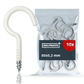 HELPMATE Clothes Line Hooks 80 x 5.2 x 26 x 19 mm - Plastic Coated Steel in White - Pack of 10 - Heavy Duty Screw Hooks for Attaching Washing Lines
