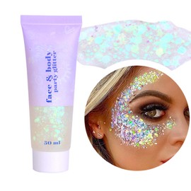 DAGEDA Body Glitter Gel, Face Glitters Body Gel Sequins Shimmer Liquid Eyeshadow, Chunky Glitter for Face Hair Nails, Holographic Cosmetic Laser Powder Festival Glitter Makeup 50ml(White)