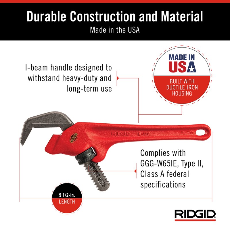 RIDGID 31305 Model E-110 9.5" Offset Hex Jaw Pipe Wrench,