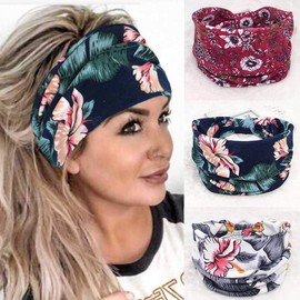 Aceorna Boho Bandeau Headbands Wide Knot Hair Scarf Floral Printed Hair Band Elastic Turban Thick Head Wrap Stretch Fabric Cotton Head Bands Thick Fashion Hair Accessories for Women Pack of 3 (Floral)