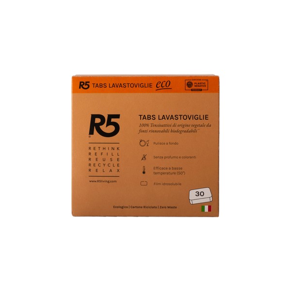 R5 - Eco Tabs Dishwasher - Dishwasher Tablets, 100% Surfactants of Plant Origin from Renewable Sources - Free of Fragrances and Colourants, 30 Tabs 30 Washes