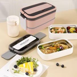 Fiambrera, 3 Contenedores de Almuerzo Apilables para Adultos, Caja de Diseño Minimalista Moderno con Juego de Utensilios, Lonchera a Prueba de Fugas para Salir (Rosa