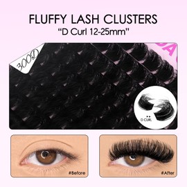 Fluffy Lash Clusters 300D Volume Lash Clusters 12-25mm Long Volume Cluster Eyelash Extensions D Curl Waterproof Eyelash Clusters Individual Cluster Lashes Soft Wispy DIY Lash Extension by Sofenida