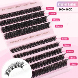 Glowing Win Individual Eyelash Extensions Set DIY 80D + 100D Cluster Lashes Kit with Lash Bond and Remover Individual Fake Lashes Extension Eyelash Extension 8-16 mm Natural Artificial Eyelashes Cat
