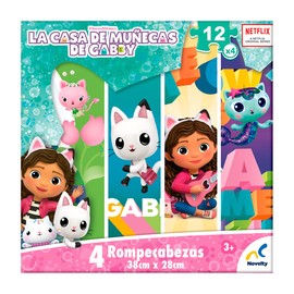 Novelty Corp - Rompecabezas 4 en 1, Gabby's Doll House, Ensable Perfecto, Piezas Resistentes, Mejora Agilidad Mental, Ensamble Perfecto, Juegos Tradicionales, 12 Piezas c/u, Cartón Gráfico