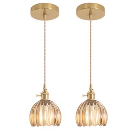 Shenmoyl Pendant Light 2 Pack with Amber Tulip Glass Lmapshade, Brass Vintage Pendant Light Adjustable Hanging Light for Kitchen Island Dining Room Hallway