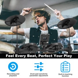 RVONE Electric Drum Set with Kick Hammer Pedal, Electronic Drum Kit for Beginner Adult with 150 Sounds, 10" Cymbals, 4 Quiet Mesh Pads, all-in-one drum set with Throne, Headphones, Sticks