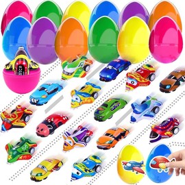 Easter party favors gift Eggs Pre Filled with Pull Back Ca0rs Planes, Plastic Easter Eggs with 24pcs Cars and Airplane Toys and Fun Tattoos for Easter Party Favors Classroom Activity Gifts for Boys