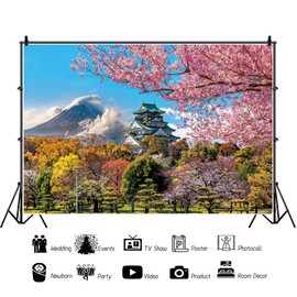DORCEV 10x8ft Backdrop for Japan Osaka Castle Japanese Style Building Landscape Photography Backdrop Pink Cherry Blossoms Asian Travel Themed Party Children Adult Portrait Photo Studio Props