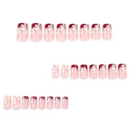 Red French Press on Nails Medium Length Fake Nails Nude Pink False Nails for Women Square Acrylic Stick on Nails Flower Glue on Nails Spring Nails for Women Manicure Art 24Pcs