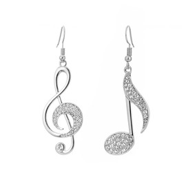 Dainty Music Note Asymmetrical Dangle Hook Earrings for Women Crystal Cubic Zirconia G Clef Musical Drop Fake Huggie Hoops Earring Fashion Jewelry Gifts Christmas (Silver)