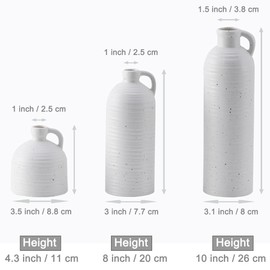 Small Ceramic Vase Set for Dining Table Decoration, Set of 3 White Flower Vase in Rustic Farmhouse Style for Home Decor, Mini Decorative Vase for Single Flower - Height 4+8+10 inch