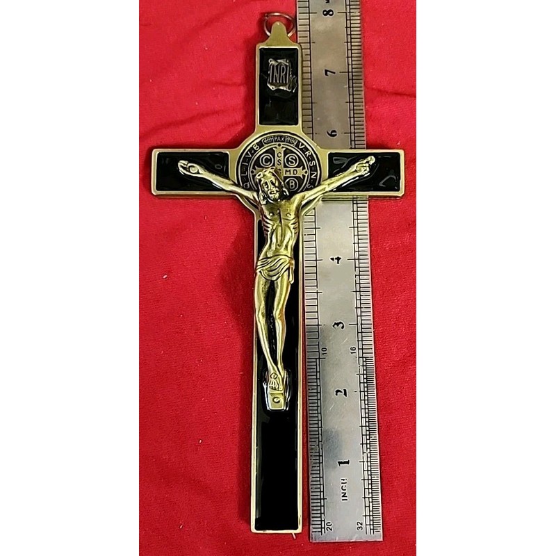 SAINT BENEDICT BLACK Enamel metal Golden Color Wall Cross Saint