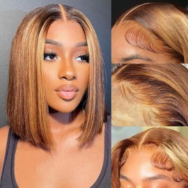 Ombre Bob Wig 4/27 Highlight Honey Blonde Lace Front Bob Wigs Human Hair 180% Density Glueless Wig Human Hair Pre Plucked Pre Cut HD Lace Front Wigs for Black Women 10 inch