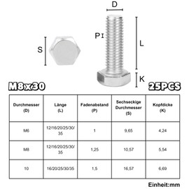 ORTAVA Pack of 25 Hexagon Bolts M8 x 30 mm, Stainless Steel A2 V2A Screws Bolts with Hexagonal Head DIN933 / ISO4017, Screws External Hex for Automobile, Machinery, Metal Construction