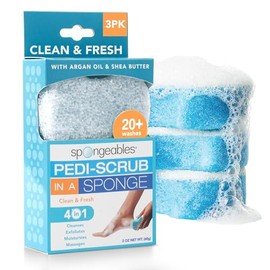 Spongeables Pedi-Scrub Foot Buffer, Clean & Fresh Scent, Contains Shea Butter and Tea Tree Oil, Foot Exfoliating Sponge with Heel Buffer and Pedicure Oil, 20+ Washes, Pack of 3