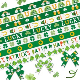 Estivaux 9 PCS St. Patrick's Day Ribbons 3/8" Wide White Green Grosgrain Ribbon Irish Shamrock Ribbon Leprechaun Hat Craft Ribbons for Gift Wrapping Saint Patrick's Day Carnival Party Decor, 27 Yards