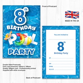 Olivia Samuel Pack of 20 Pool Party 8th Birthday Invitations with Envelopes - Ready to Write – Designed and Printed in the UK