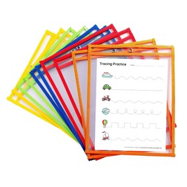 10 Dry Erase Pockets, Oversize 10 Inch x 13 Inch Pockets, Perfect for Classroom Organization, Reusable Dry Erase Pockets, Teaching Supplies, Multi-Color, 10 Pack
