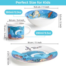 MIAMIO – Set of 3 Kids Dinnerware Set/Porcelain Children Dishes, Kids Dish Set, Children’s Tableware Set - Includes Plate, Bowl and Cup – For Kids and Toddler (Ocean)
