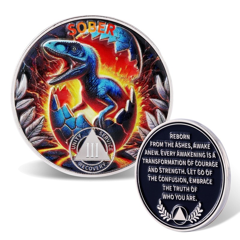 Leafence Sober Coin for Reborn Raptor Sobriety Chip Dinosaur Recovery