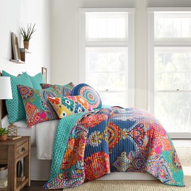 Levtex Home - Fantasia Quilt Set - Full/Queen Quilt (88x92in.) + Two Standard Pillow Shams (26x20in.) - Bohemian - Teal, Orange, Yellow, Green, Blue - Reversible - Cotton Fabric