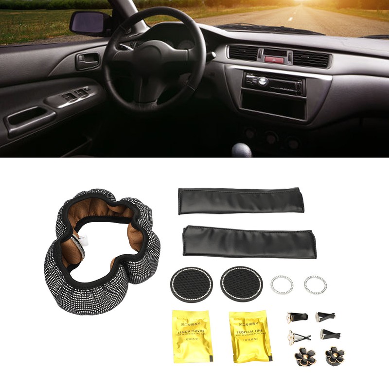 Bling Car Accessories Set Rhinestone Steering Wheel Cover Coaster Starter