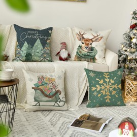 Artoid Mode Gifts Deer Trees Sleigh Snowflakes Christmas Cushion Covers Set of 4, 50x50 cm Xmas Decorative Pillow Case Cover Sofa Living Room Decor
